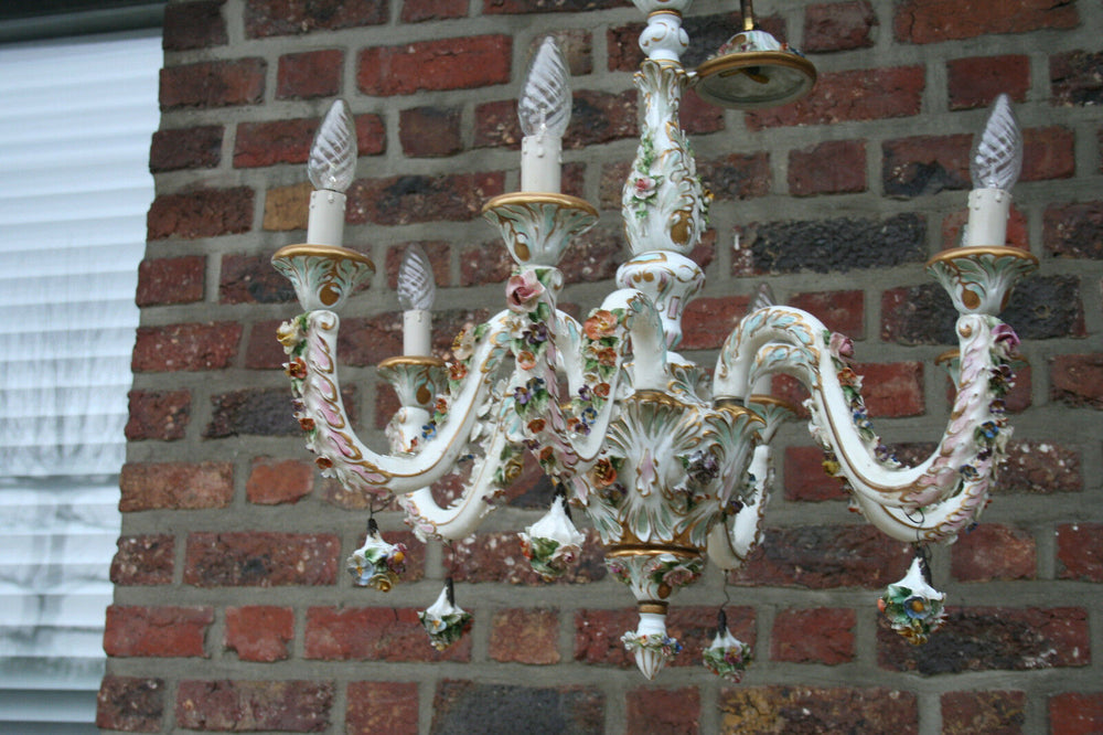 A capodimonte marked porcelain 1950 majolica Flowers Chandelier 6 arms