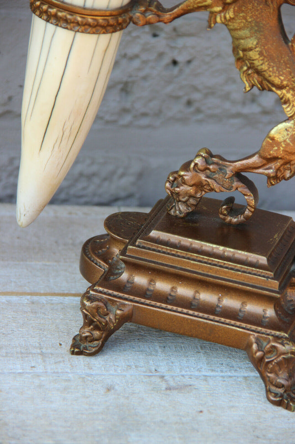 PAIR antique French bronze castle Lion cornucopia horn Gothic statue