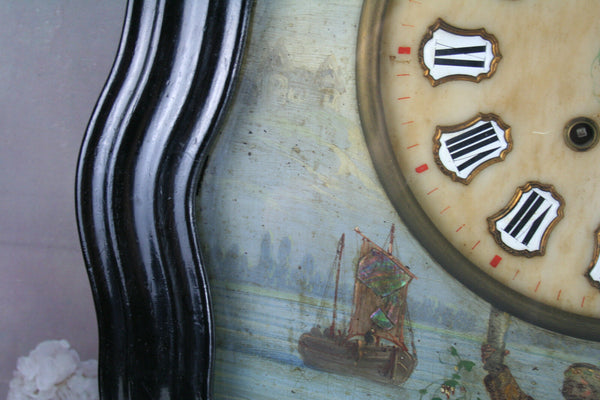 French ' Oeil de boeuf' wall clock 1880 oil on copper marine painting rare