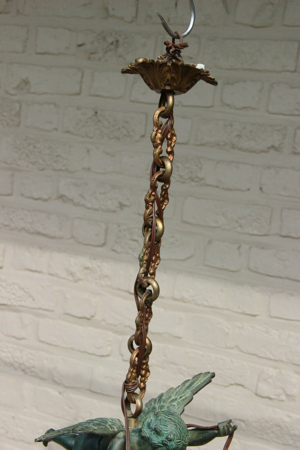 Antique French Bronze green patina putti angel chandelier pendant tulip glass