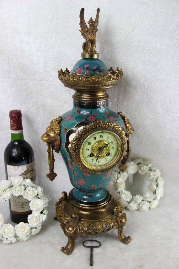 French antique Clock faience Polychrome bird dragon chimaera top lion heads