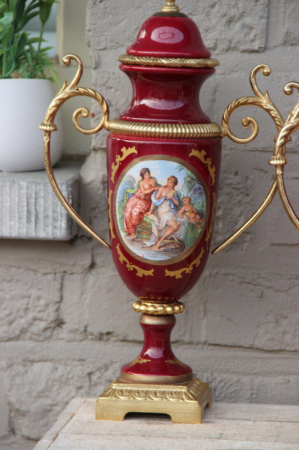 SET French Red porcelain centerpiece Bowl Vases romantic victorian putti scene
