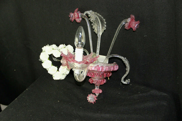 Vintage 1970 MURANO hand blown pink clear glass sconce wall light no2