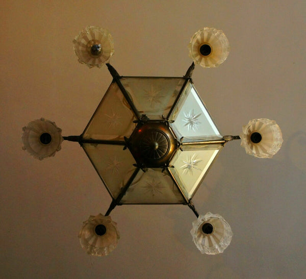 Antique French ART DECO 1930 Bronze Glass crystal cut chandlier 7 light