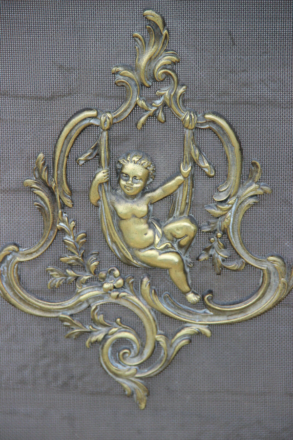 Antique French Bronze putti angel fireplace Screen rare