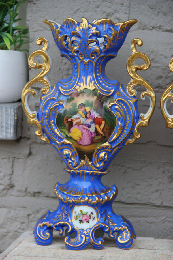 PAIR antique French vieux paris porcelain hand paint romantic victorian scene