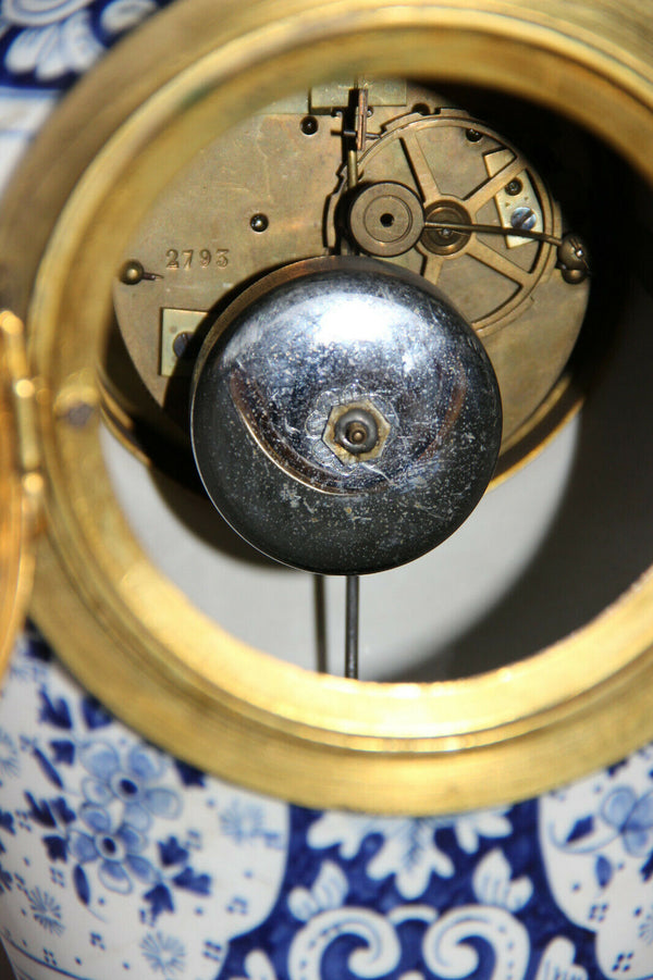 Huge Delft blue white pottery bird clock ram heads bronze ornaments rare