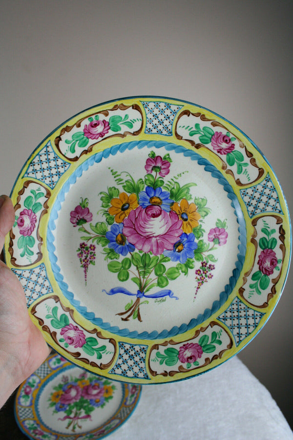 PAIR Faience pottery Plates floral hand paint decor French 1950's signed