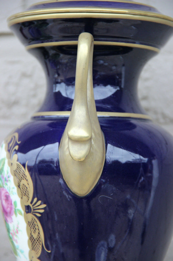 French cobalt blue limoges porcelain hand paint floral Vase swan handles