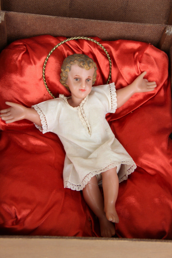 Antique Religious christmas nativity baby jesus child wax figurine box straw