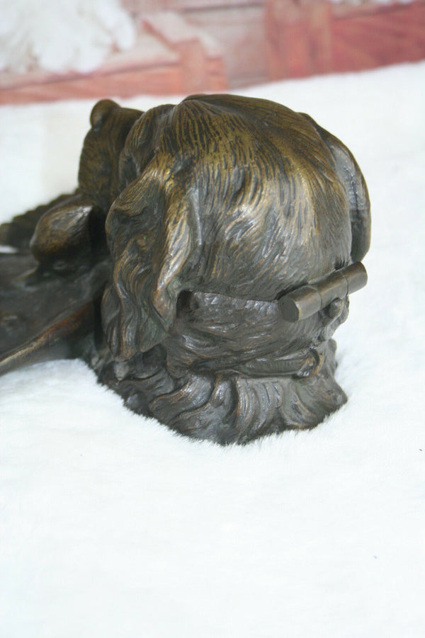 Wonderful French Bronze Dog hunting duck inkwell circa 1900