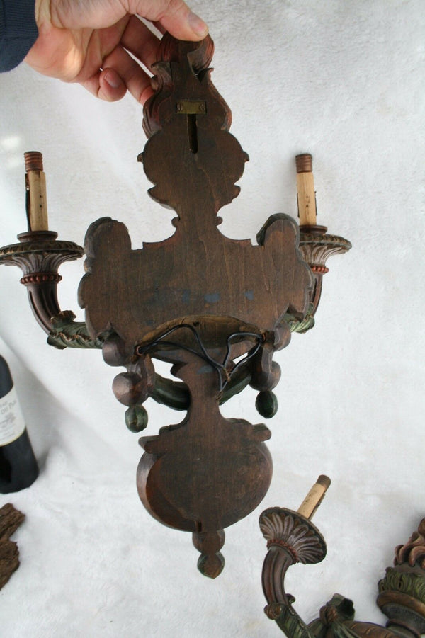 PAIR rare italian wood carved polychrome 1920 Sconces wall lights 2 arms