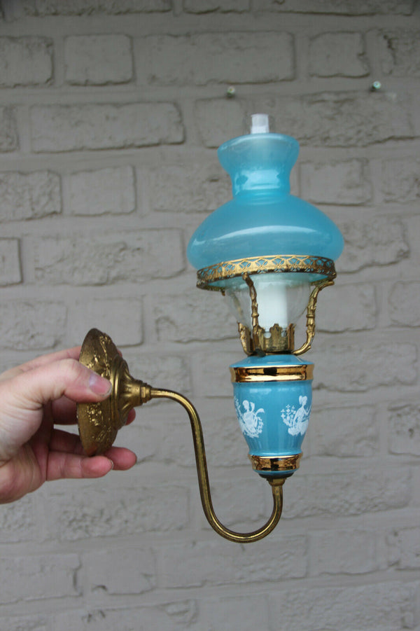 PAIR French vintage opaline Blue glass  turquoise Wall lights sconces romantic
