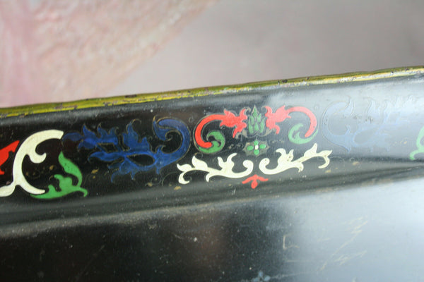 XXL French antique black Tole tin metal Tray floral 19th c