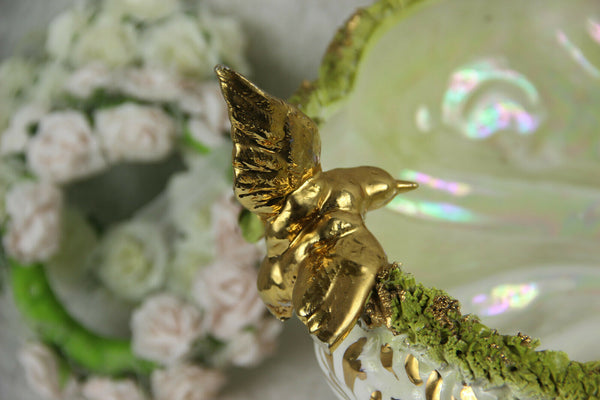 Vintage italian porcelain Centerpiece bowl with encrusted flowers and birds