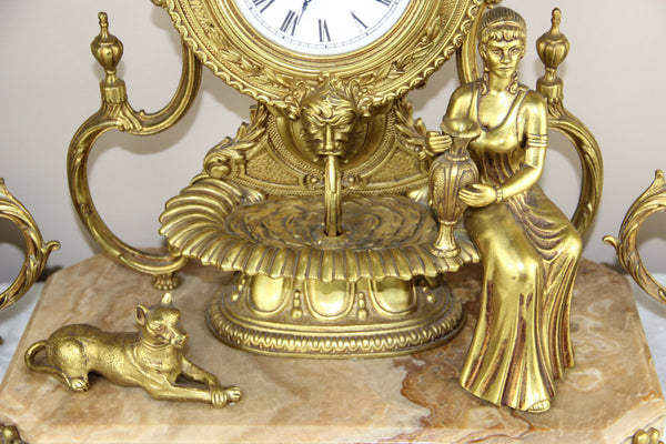 RARE french 1976 marble Lion fountain heads lady dog clock + pair candelabras