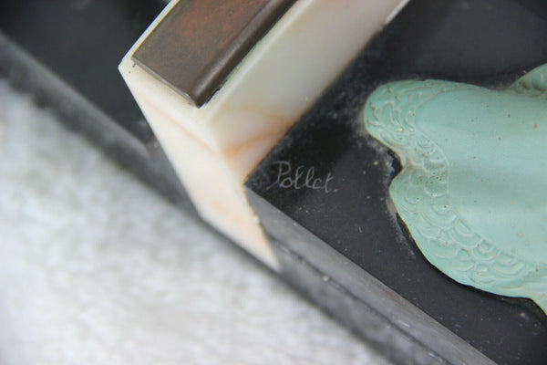 XL antique French art deco 1930 spelter marble lady bird dogs statue signed