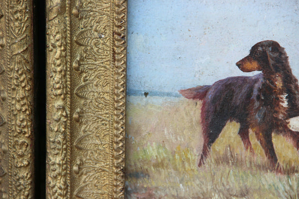 PAIR Antique oil canvas paintings hunting dogs field signed 1914