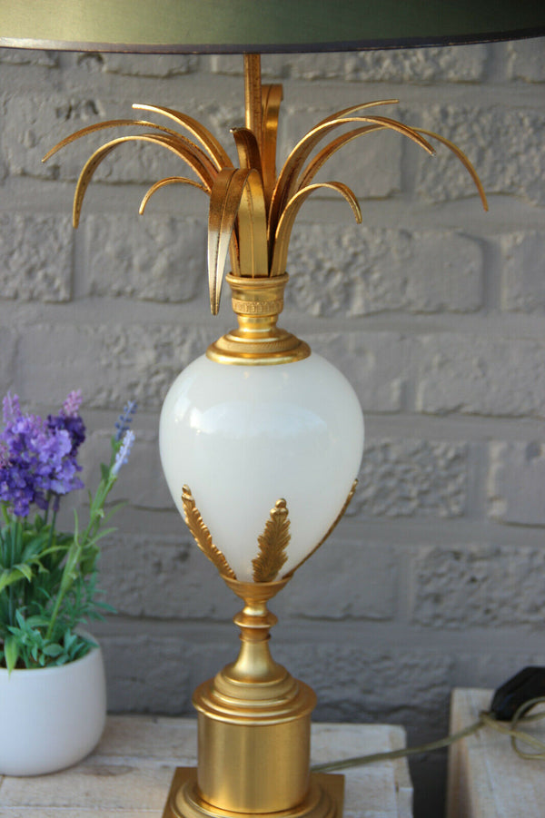 Mid century Brass opaline pineapple Leaf Table lamp attr Maison JANSEN 1960