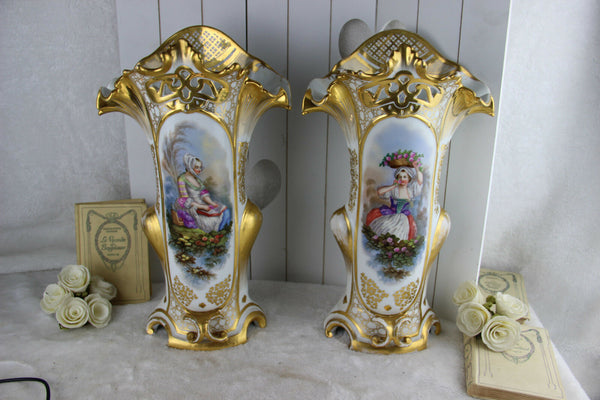 Stunning PAIR XL Antique Vieux old paris porcelain Vases victorian lady portrait