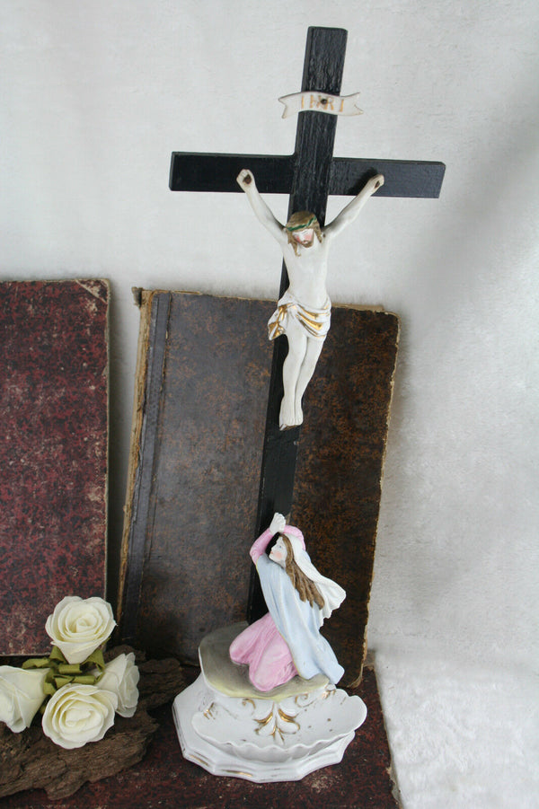 French Antique Crucifix holy water font vieux andenne porcelain 19thc