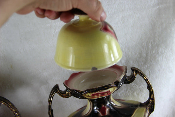 PAIR HUGE England Faience Romantic victorian Lidded VASES putti