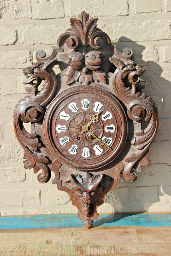 Gothic Dragon Black forest wood carved wall clock devil head rare