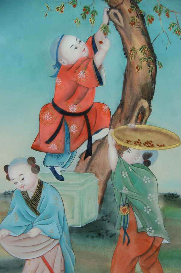 Chinese EGLOMISE Reverse glass painting children fruit picking rare