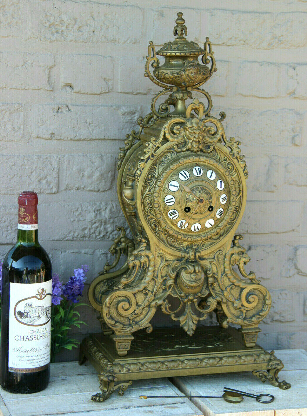 XL Antique French bronze gothic castle dragon devil lion paws putti head clock