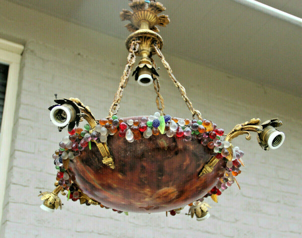 Antique French Chandelier alabaster Amber bowl murano glass grape floral rim