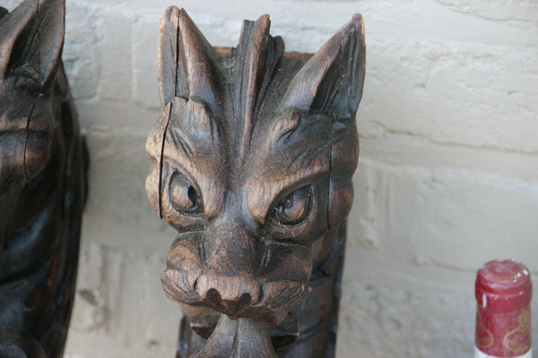 XXL Antique  PAIR oak wood carved hunting table dragon gothic legs figurines n2
