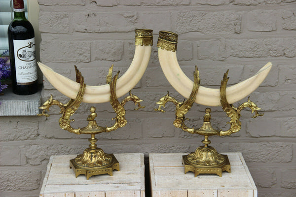 RARE pair Bronze antique Cornucopia horn dragon gothic castle putti statue