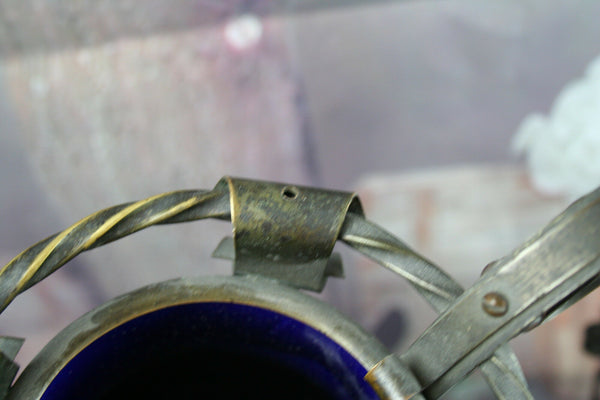 PAIRE Castle neo gothic French Faience Vases urns Cassolettes Blue wrought iron