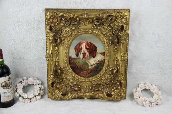 Vintage oil panel painting oval portait dog framed heavy frame