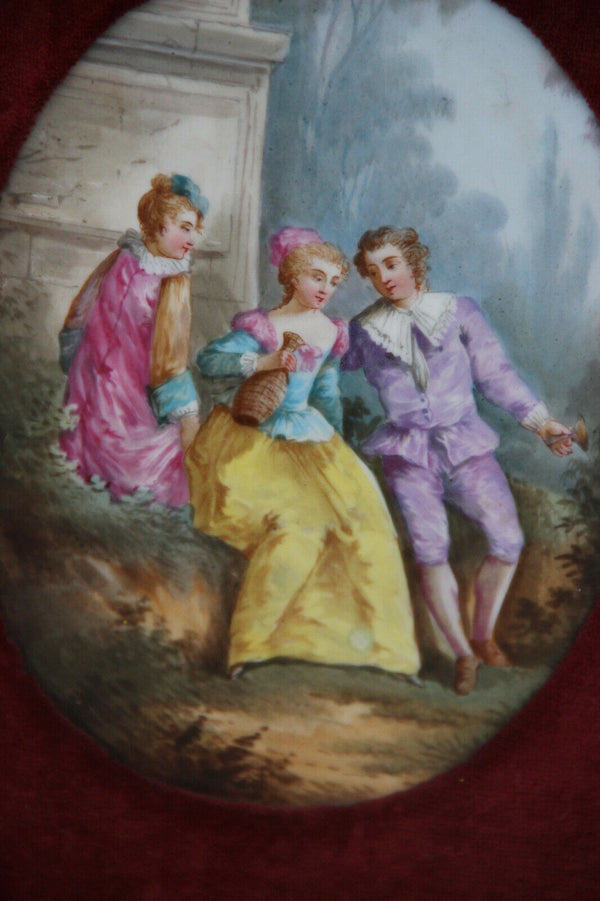 Antique French Limoges hand paint porcelain plaque medaillon in frame velvet