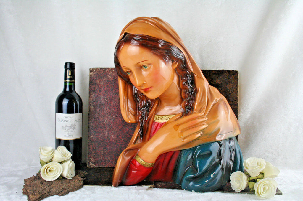 French antique 1930 Chalkware buste madonna mary polychrome marked rel ...