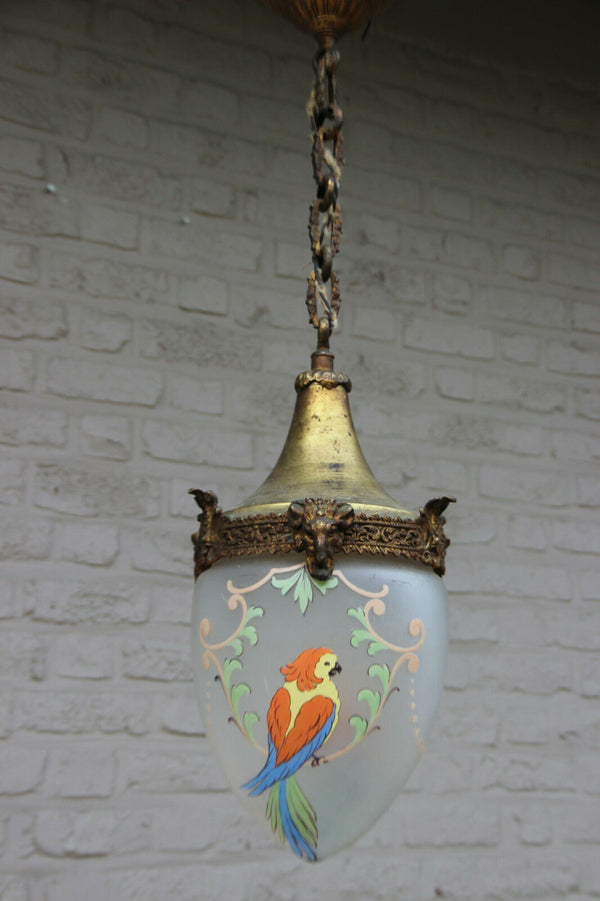 Rare antique Bronze French glass parrot chandelier lantern lamp ram heads