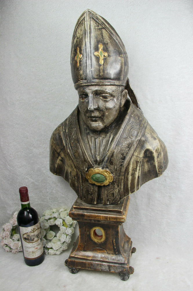 XL 33" 18thc italian Antique church altar wood carved Bishop religious saint n1