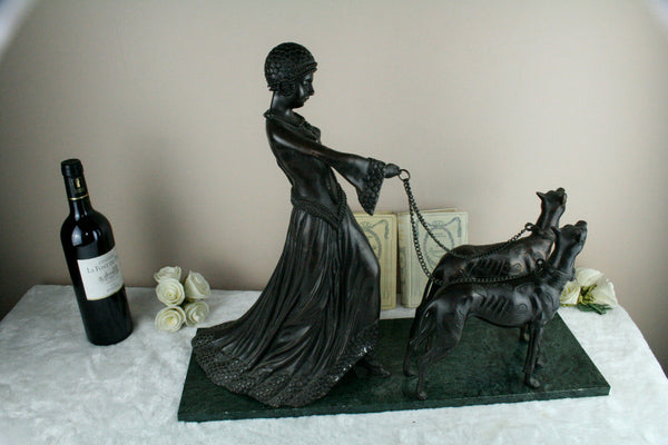 Huge XL Bronze 1930 Art deco lady statue dogs leash on marble base