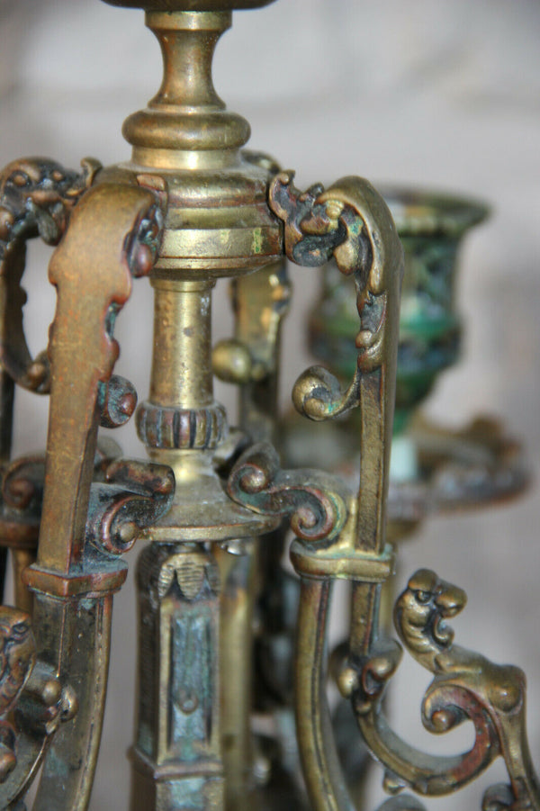 PAIR french antique Bronze putti dragon gothic castle candelabras candle holder