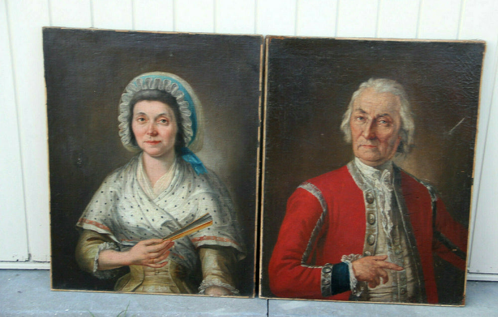 PAIR XL French antique 1800 Oil canvas painting magistrate couple ancestors