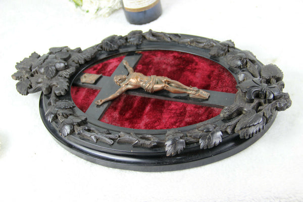 Antique French napoleon III Black wood carved crucifix bronze christ religious