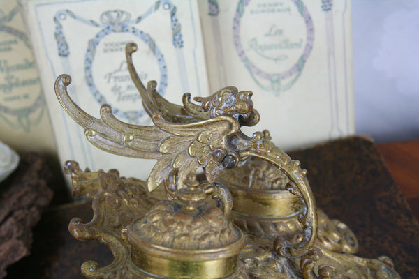 Exclusive gothic Dragon chimaera 1900 French Art nouveau inkwell Devil satyr