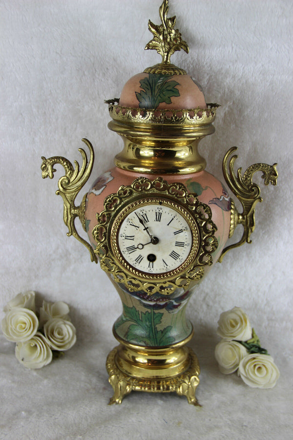 French Vintage Faience art nouveau design Clock dragon brass handles
