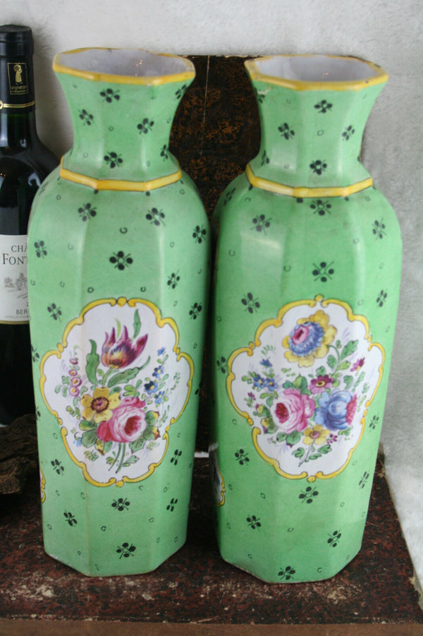 Stunning PAIR European Art Ceramic green bird Vases insects floral 1930