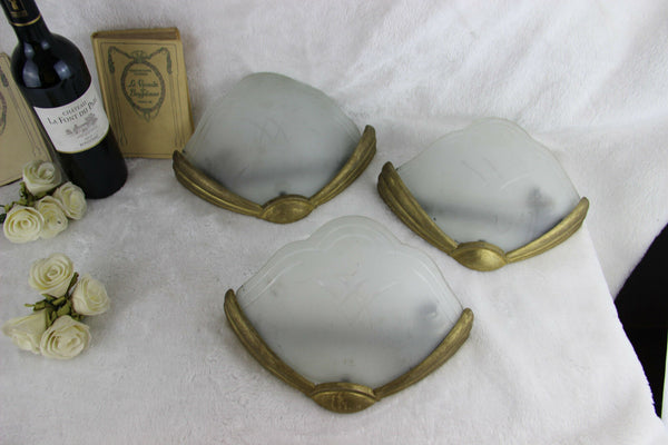 SET 3 French art deco design 1930 metal Glass wall lights sconces