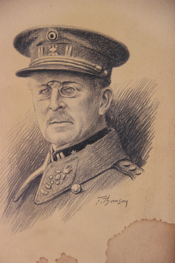 antique Portrait drawing Officer general army WW1 1914-1918 black forest wood
