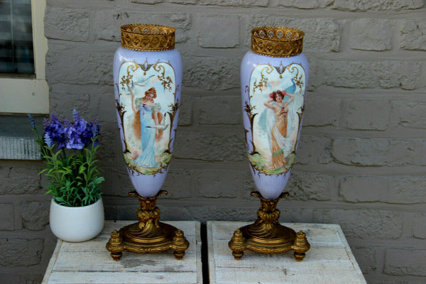 PAIR antique French Faience porcelain Lady figurine portrait Vases soft pastel