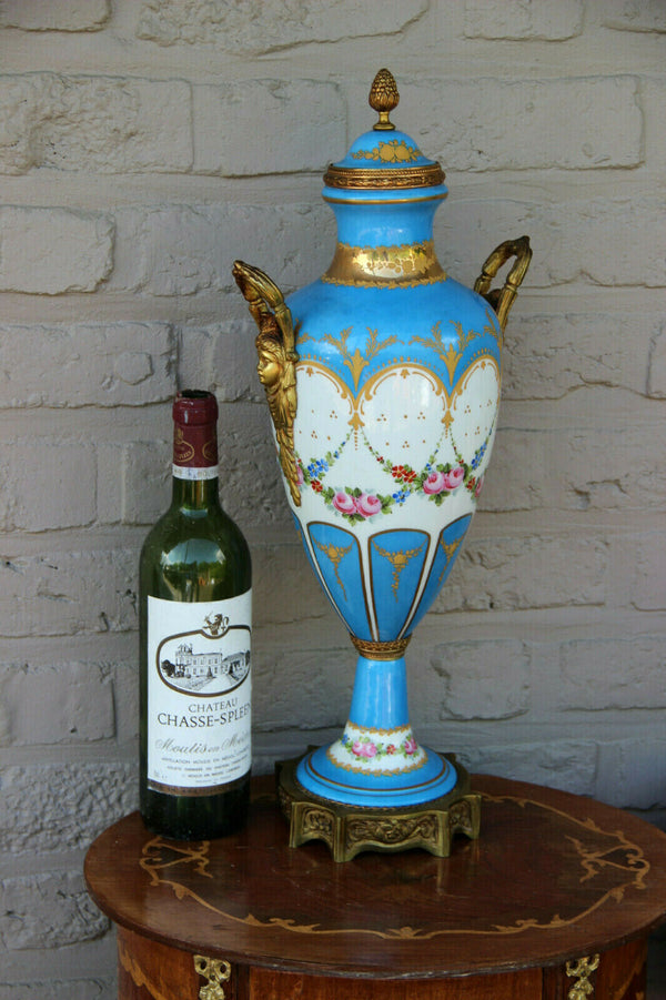 Antique french turquoise porcelain floral Vase bronze caryatid putti ornaments