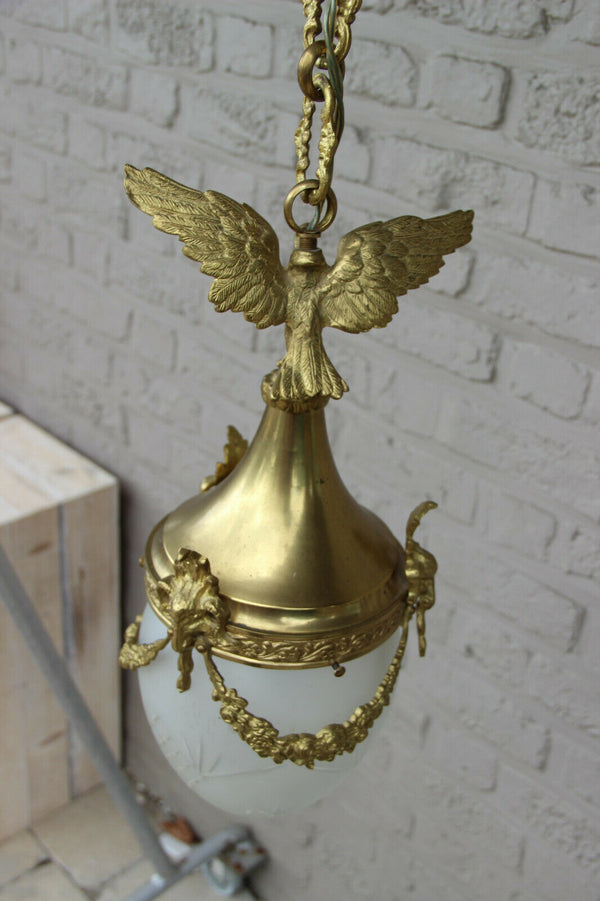 Antique French hall lantern chandelier Eagle ram heads crystal glass shade
